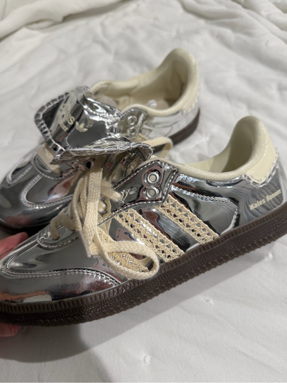 adidas Metallic Silver Low-Top Sneakers with Cream Accents - Picture 3 of 5
